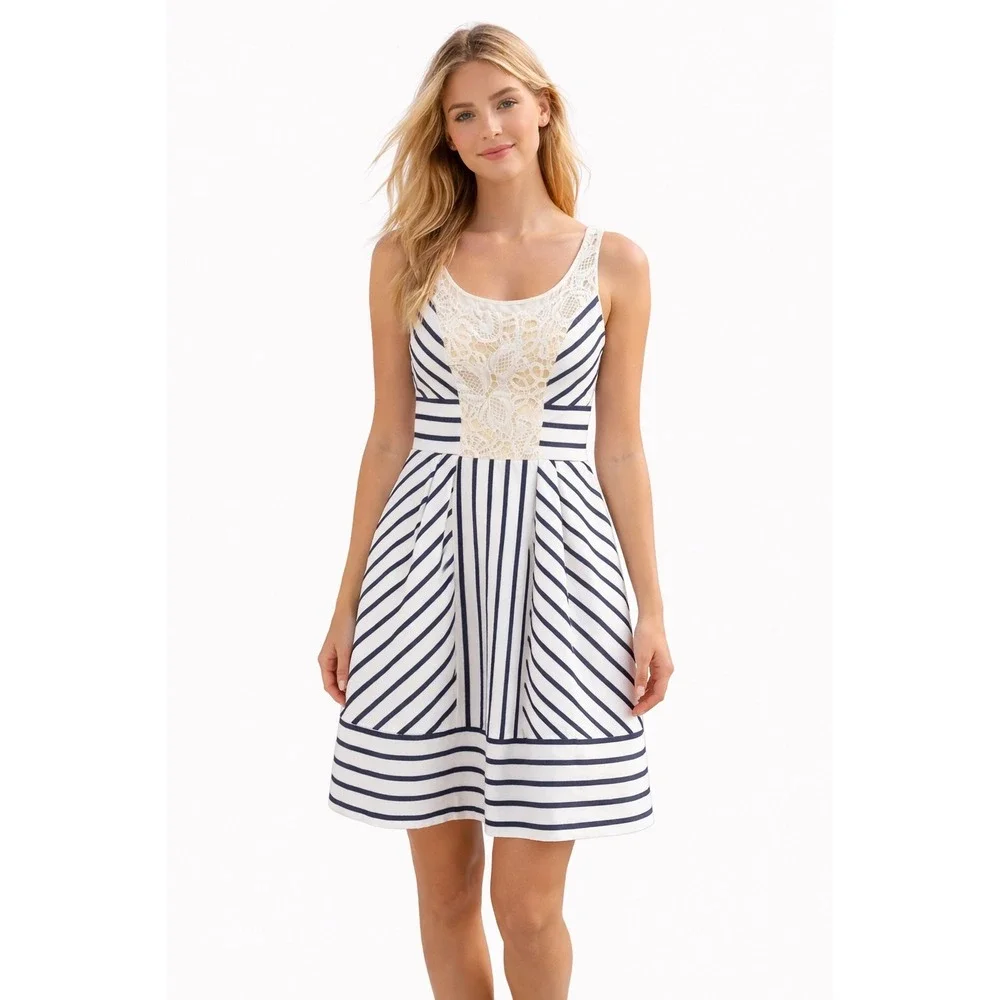 Maeve Anthropologie Navy Stripe Lace Fit & Flare Dress Size 2 Coastal Classic - Picture 4 of 7